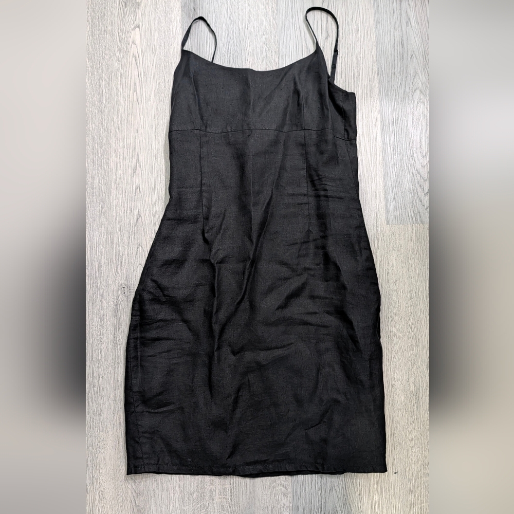 Black Linen Slip Dress Minimal Goth Strappy Midi Logic Size 6